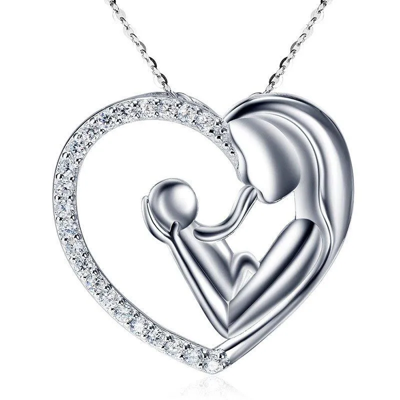 Mother Child Necklace White Gold with Cubic Zirconia