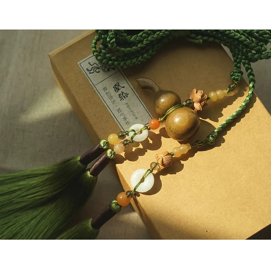 Mu Hulu 木葫芦 Wooden Gourd Tassel Belt Unisex Sandalwood & Jade Hanfu Accessory