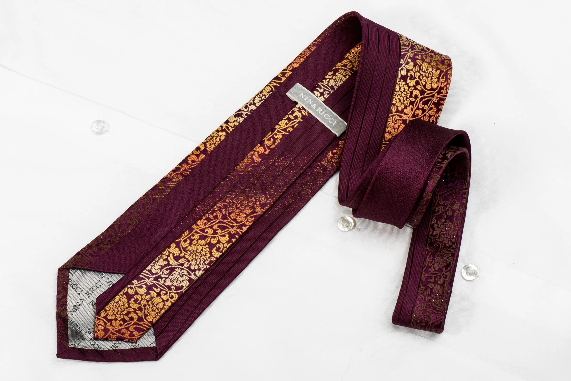 Nina Ricci Men's Crystal Silk Tie Orange Floral On Burgundy With Silver Sparkles