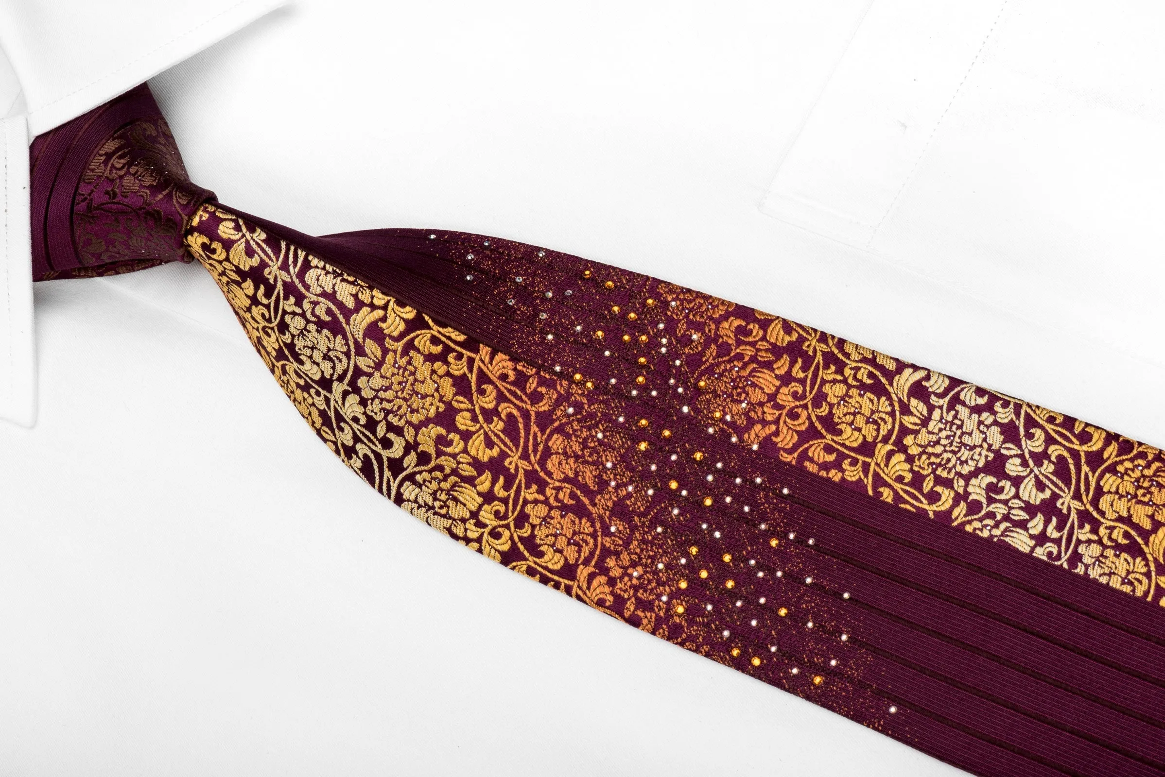 Nina Ricci Men's Crystal Silk Tie Orange Floral On Burgundy With Silver Sparkles