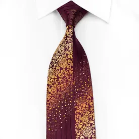 Nina Ricci Men's Crystal Silk Tie Orange Floral On Burgundy With Silver Sparkles