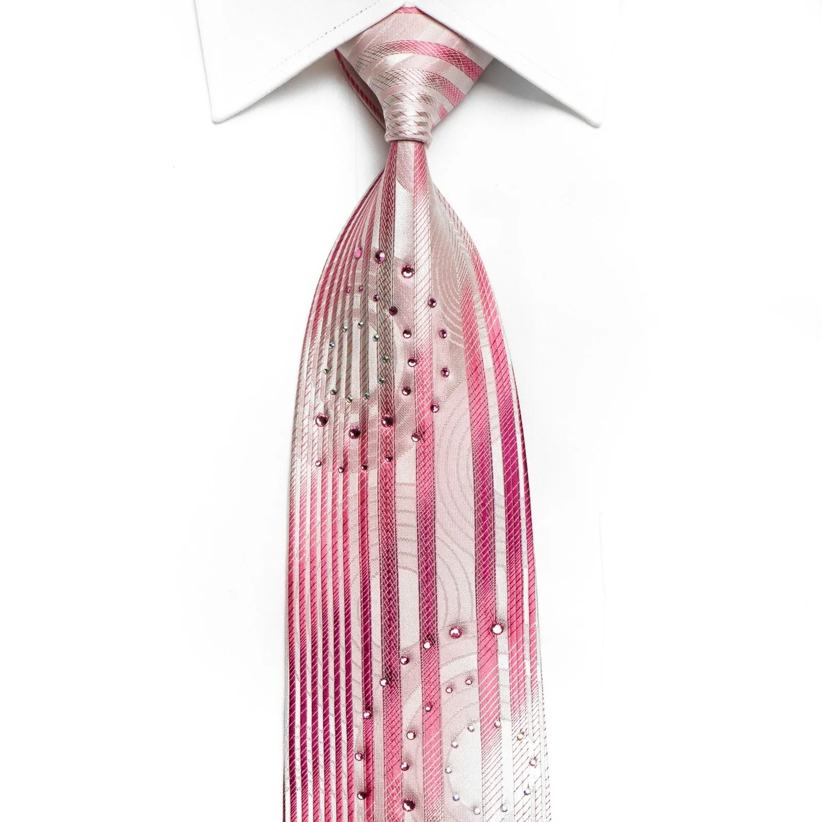 Nina Ricci Men's Crystal Silk Tie Vertical Striped On Pink Sparkling With Rhinestones