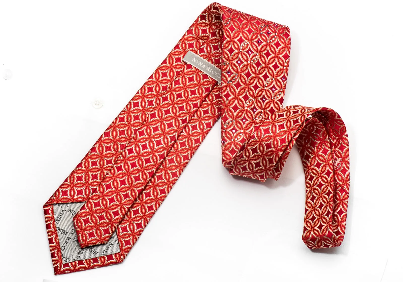 Nina Ricci Men's Silk Diamate Necktie Interlocking Circles On Red With Crystal Rhinestones