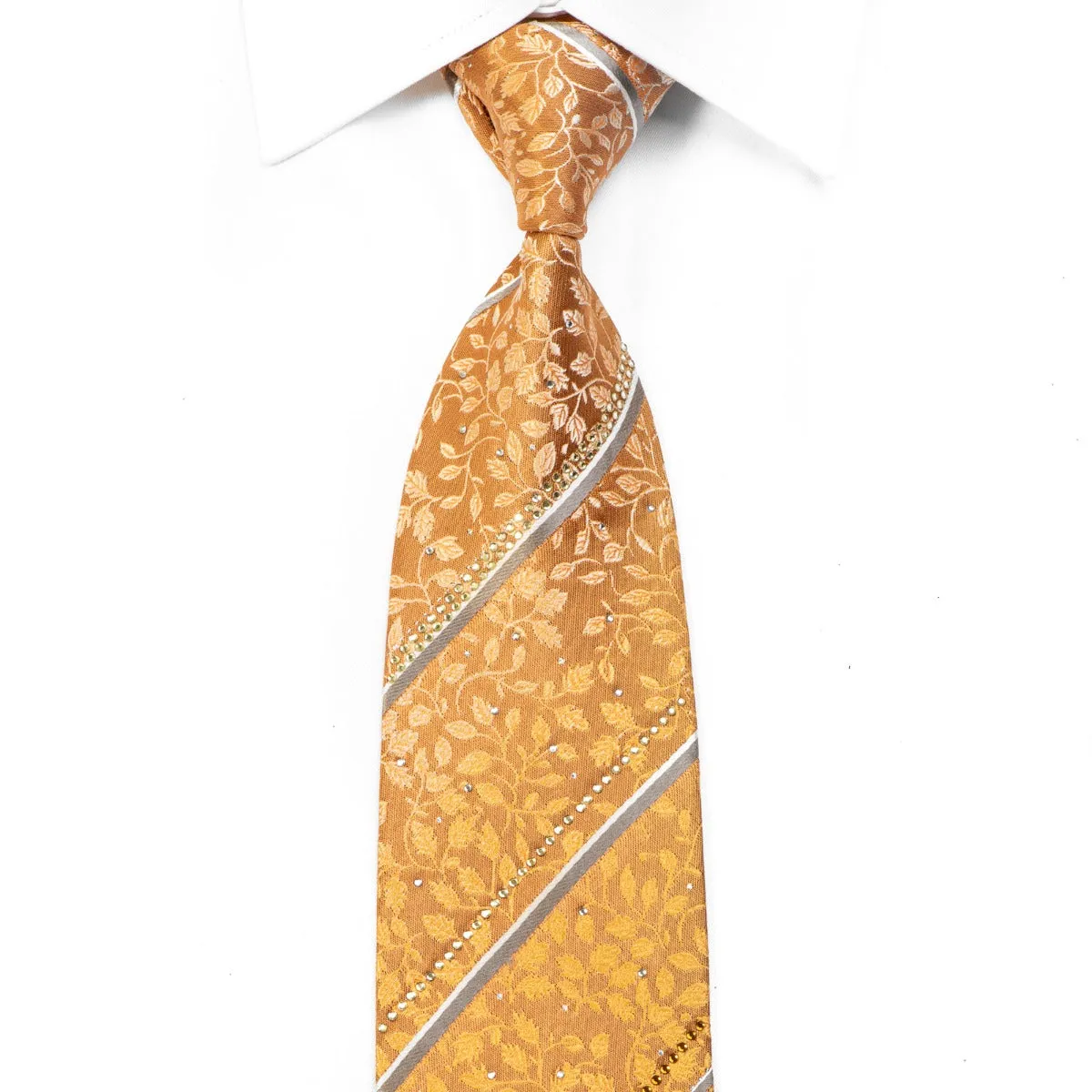 Pierre Cardin Men's Rhinestone Silk Tie Silver Striped Floral On Orange With Sparkles