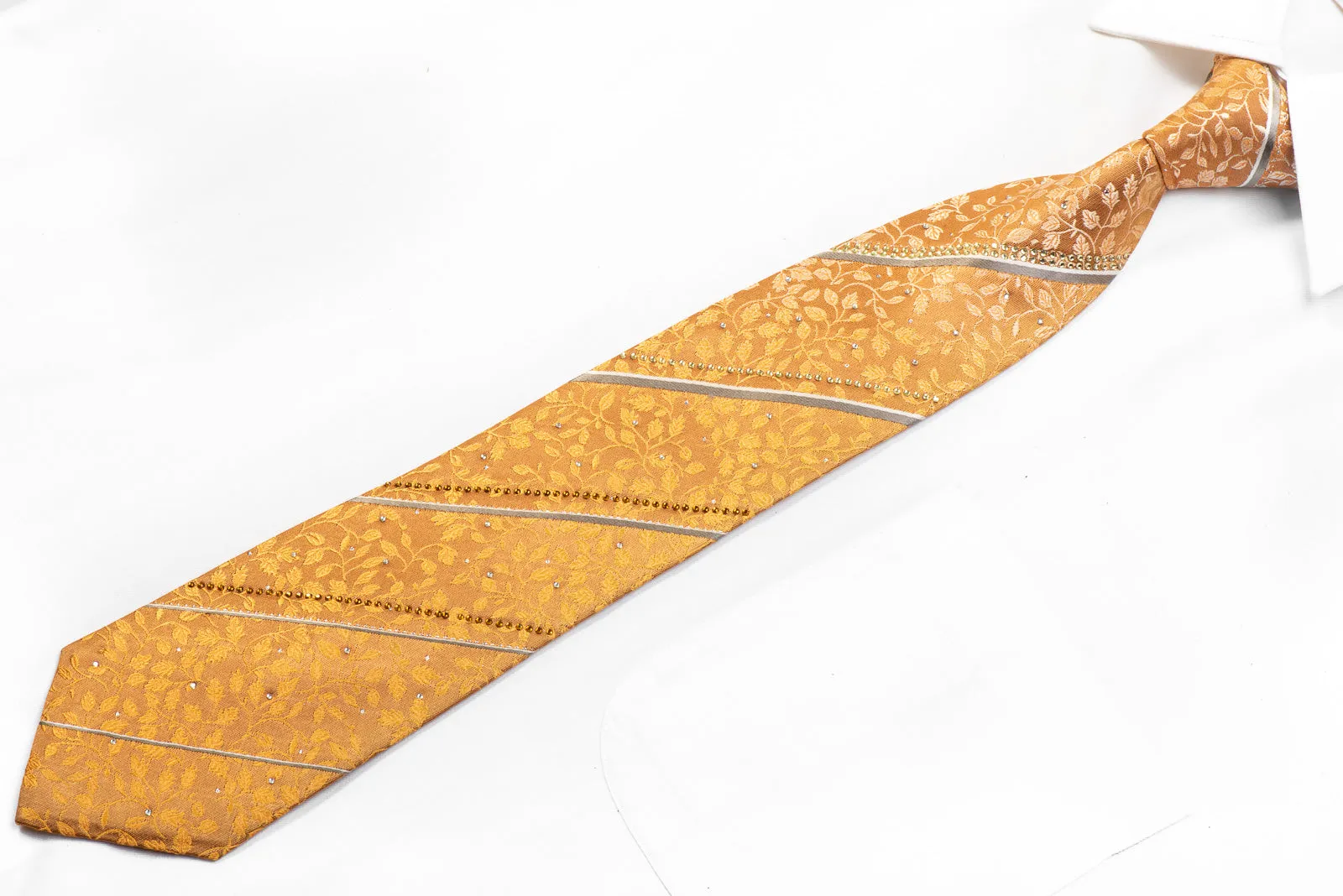 Pierre Cardin Men's Rhinestone Silk Tie Silver Striped Floral On Orange With Sparkles