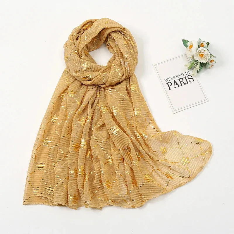 Solid Bubble Chiffon Gold Shimmer Crinkle Hijabs Scarf