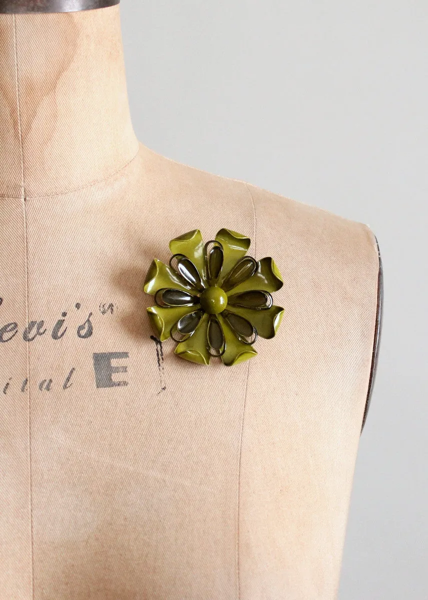 Vintage 1960s MOD Green Enamel Flower Brooch