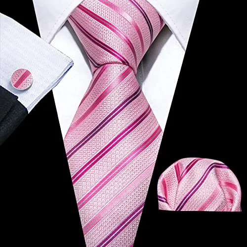 YOHOWA Pink Necktie Men Silk Striped Ties Pocket Square Cufflinks Set for Wedding Party Tuxedo Gift Box