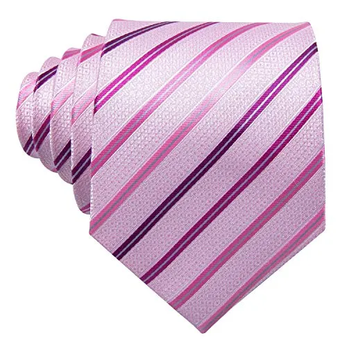 YOHOWA Pink Necktie Men Silk Striped Ties Pocket Square Cufflinks Set for Wedding Party Tuxedo Gift Box