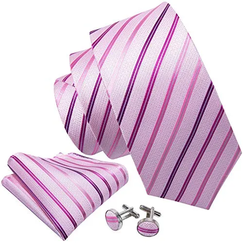 YOHOWA Pink Necktie Men Silk Striped Ties Pocket Square Cufflinks Set for Wedding Party Tuxedo Gift Box