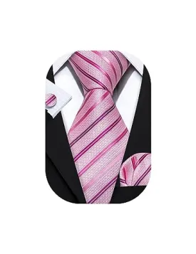 YOHOWA Pink Necktie Men Silk Striped Ties Pocket Square Cufflinks Set for Wedding Party Tuxedo Gift Box